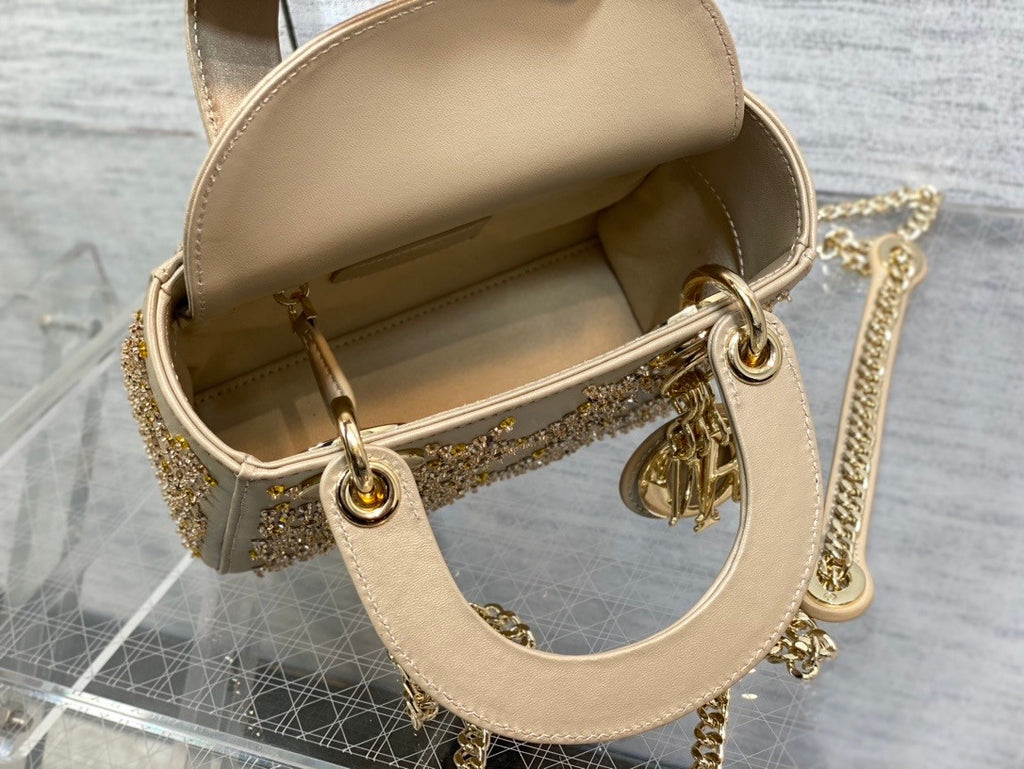 Christian Dior MINI LADY DIOR BAG Metallic Cannage Calfskin with Platinum Beaded Embroidery
