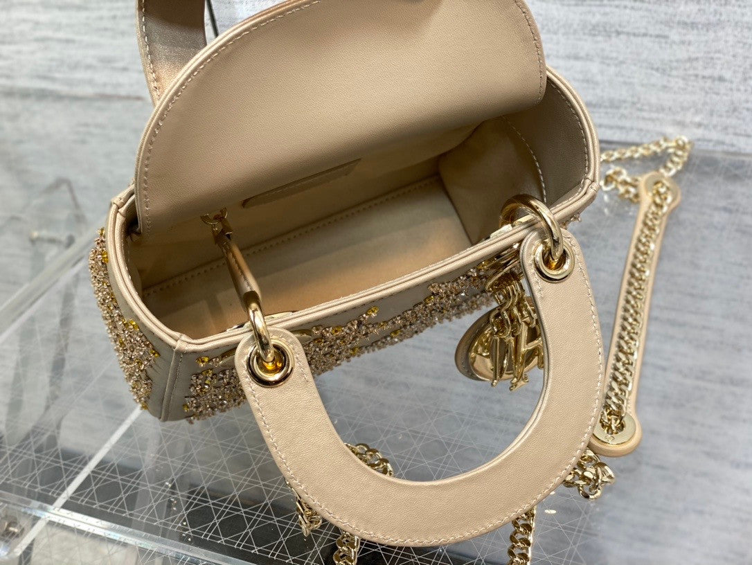 Christian Dior MINI LADY DIOR BAG Metallic Cannage Calfskin with Platinum Beaded Embroidery