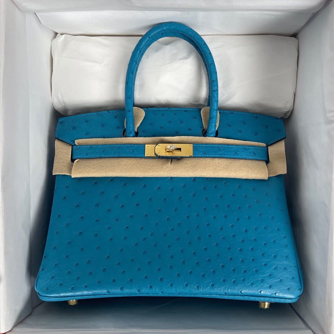 Hermes Blue Izmir Birkin Bag 30cm KK Ostrich Leather Gold Hardware