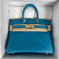 Hermes Blue Izmir Birkin Bag 30cm KK Ostrich Leather Gold Hardware