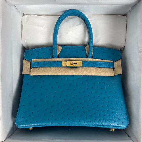 Hermes Blue Izmir Birkin Bag 30cm KK Ostrich Leather Gold Hardware