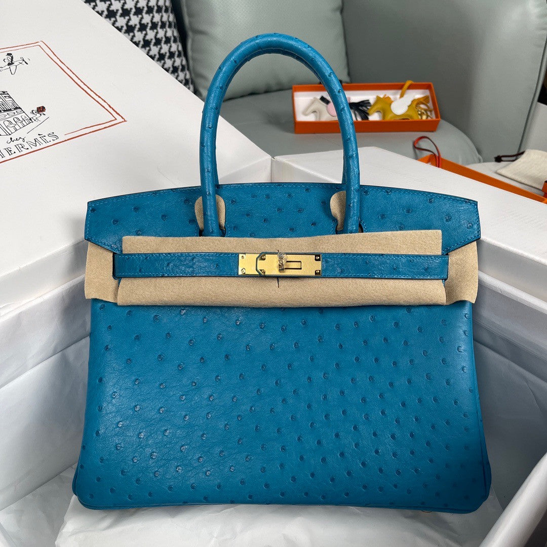 Hermes Blue Izmir Birkin Bag 30cm KK Ostrich Leather Gold Hardware