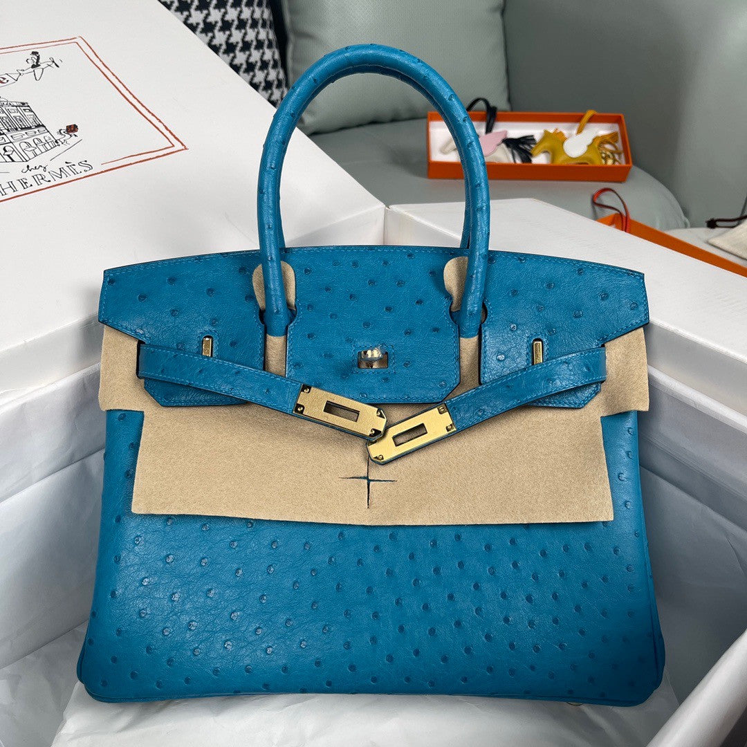 Hermes Blue Izmir Birkin Bag 30cm KK Ostrich Leather Gold Hardware