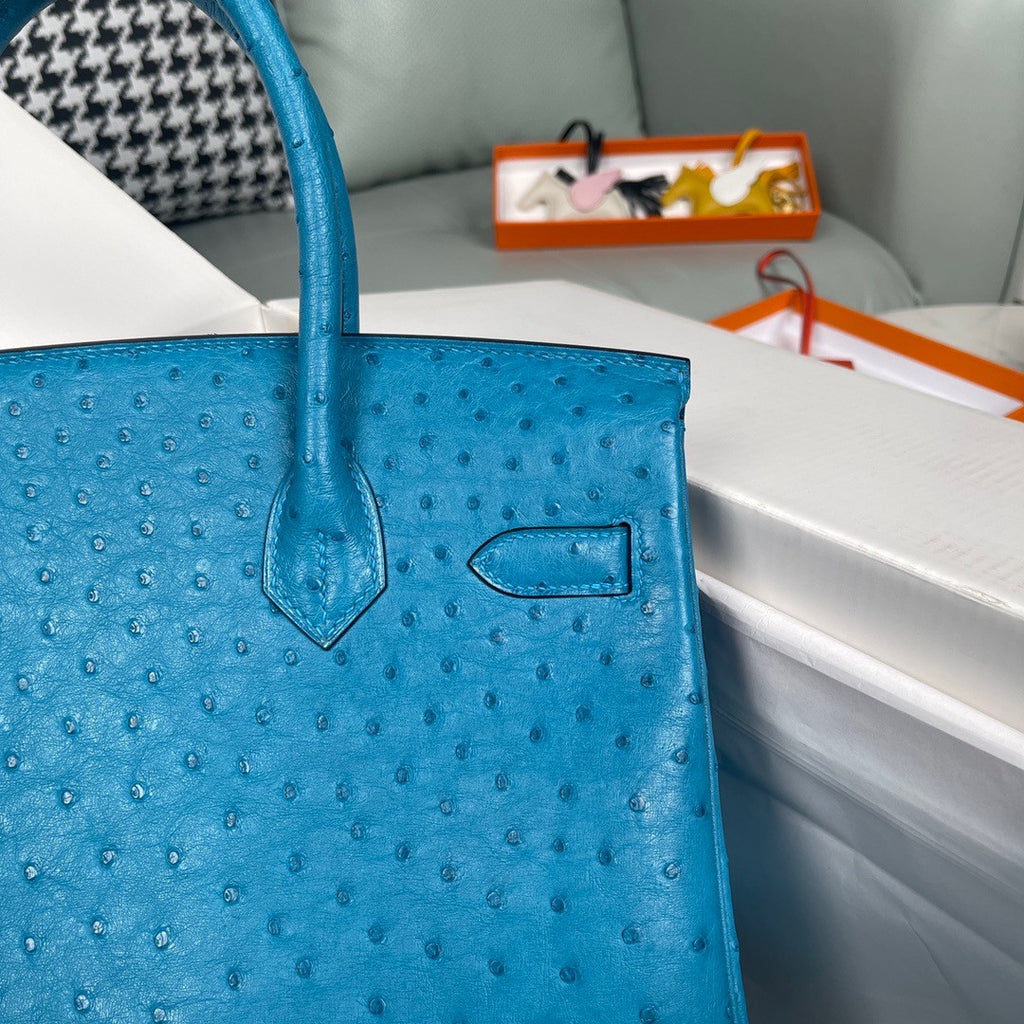 Hermes Blue Izmir Birkin Bag 30cm KK Ostrich Leather Gold Hardware
