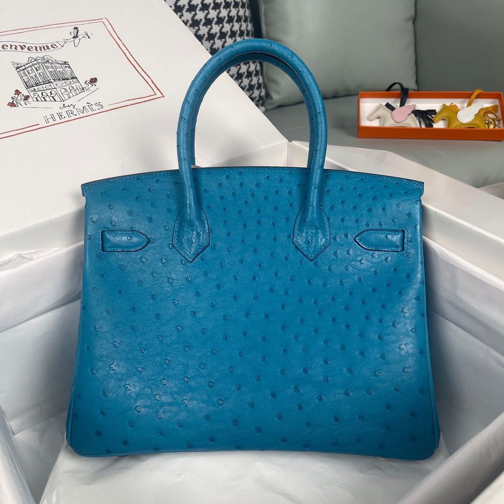 Hermes Blue Izmir Birkin Bag 30cm KK Ostrich Leather Gold Hardware