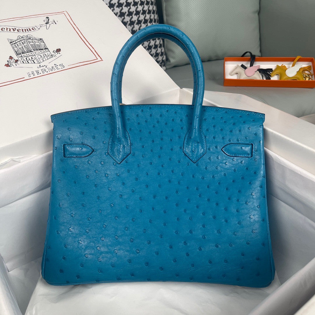 Hermes Blue Izmir Birkin Bag 30cm KK Ostrich Leather Gold Hardware
