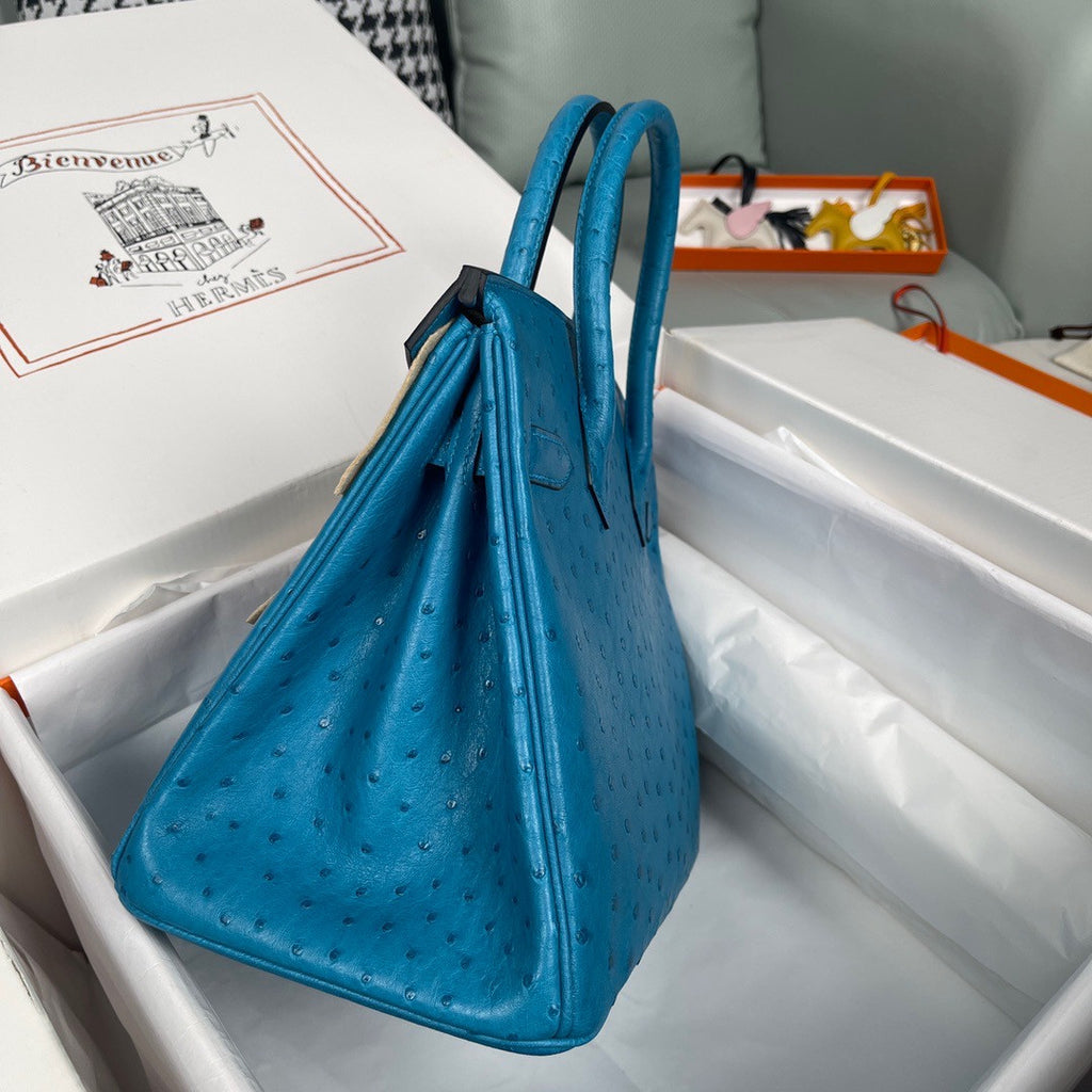 Hermes Blue Izmir Birkin Bag 30cm KK Ostrich Leather Gold Hardware