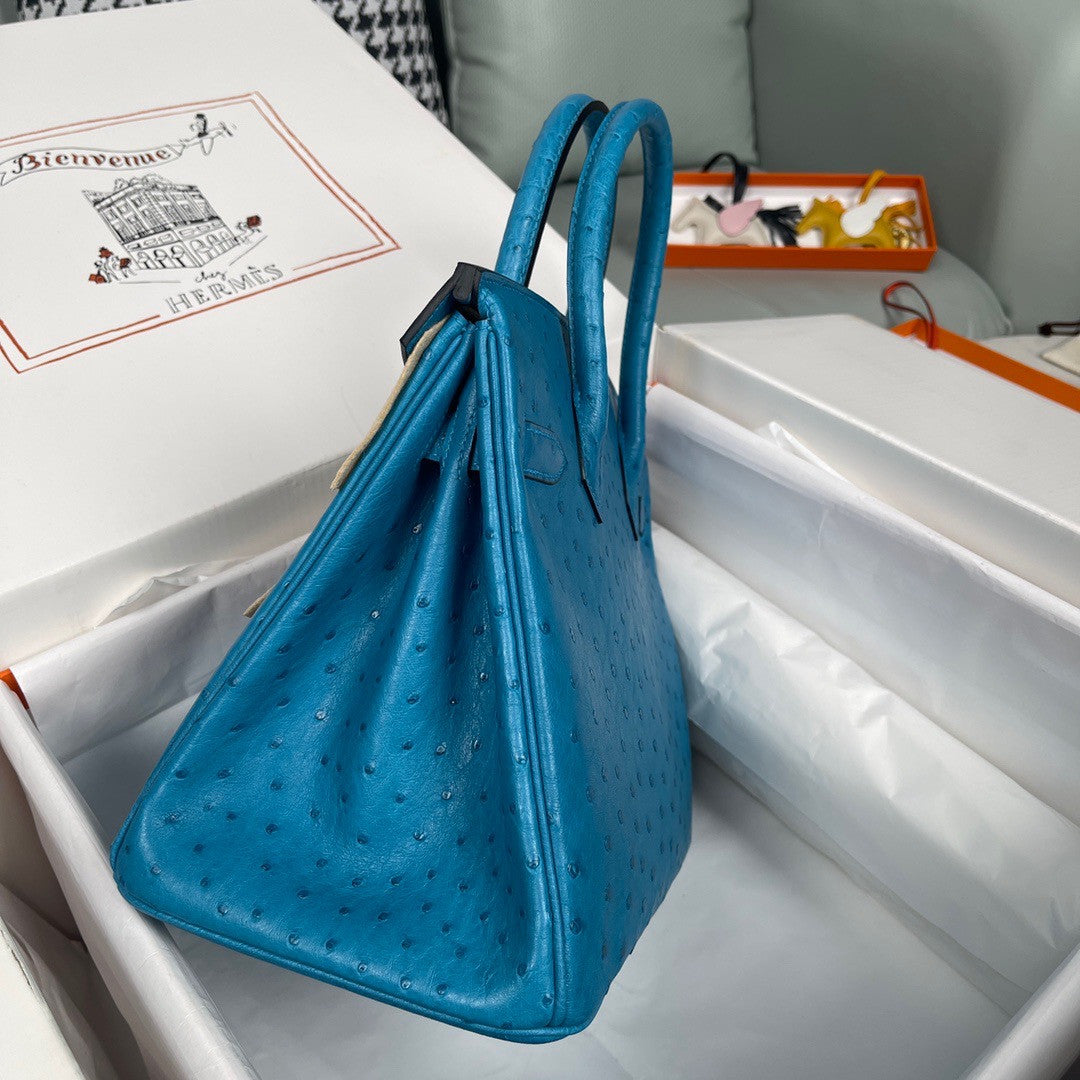 Hermes Blue Izmir Birkin Bag 30cm KK Ostrich Leather Gold Hardware