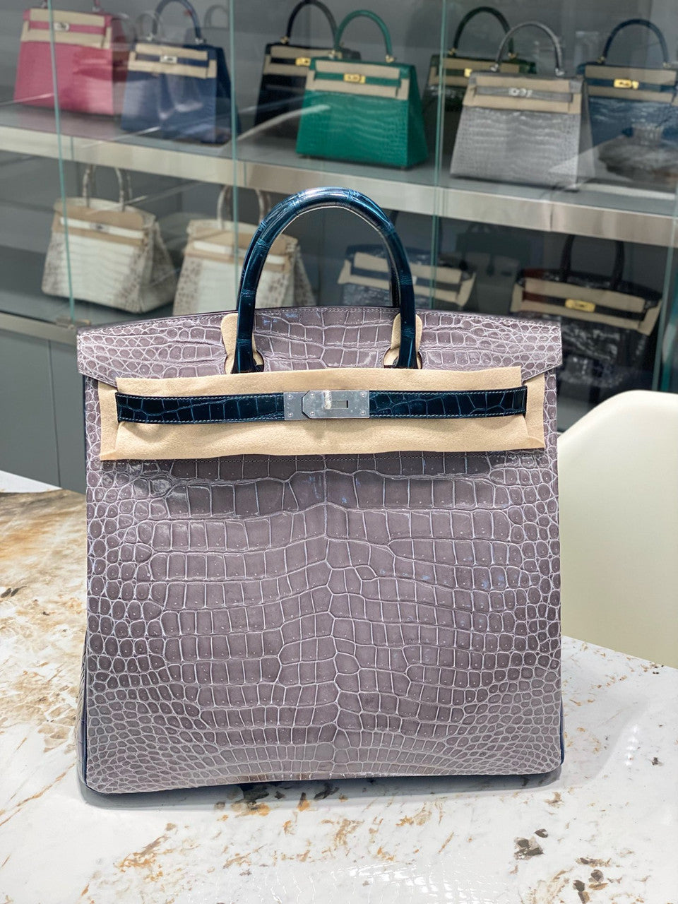 Hermes Special Order Green/ Grey  Birkin 40 in Porosus  Crocodile with Palladium hardware Hermes