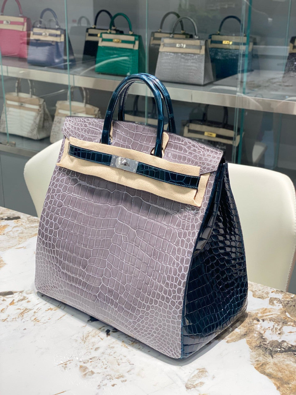 Hermes Special Order Green/ Grey  Birkin 40 in Porosus  Crocodile with Palladium hardware Hermes