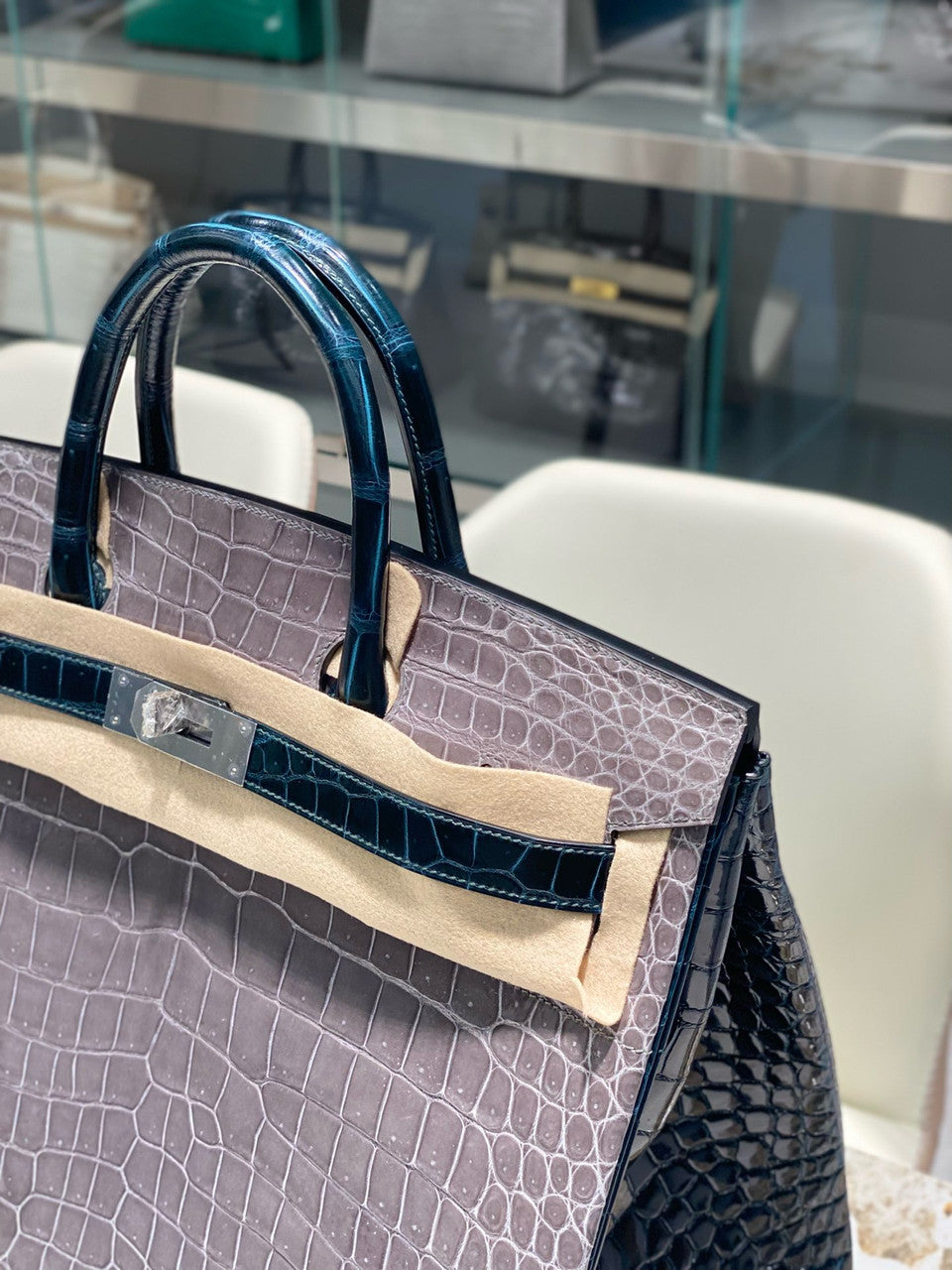 Hermes Special Order Green/ Grey  Birkin 40 in Porosus  Crocodile with Palladium hardware Hermes