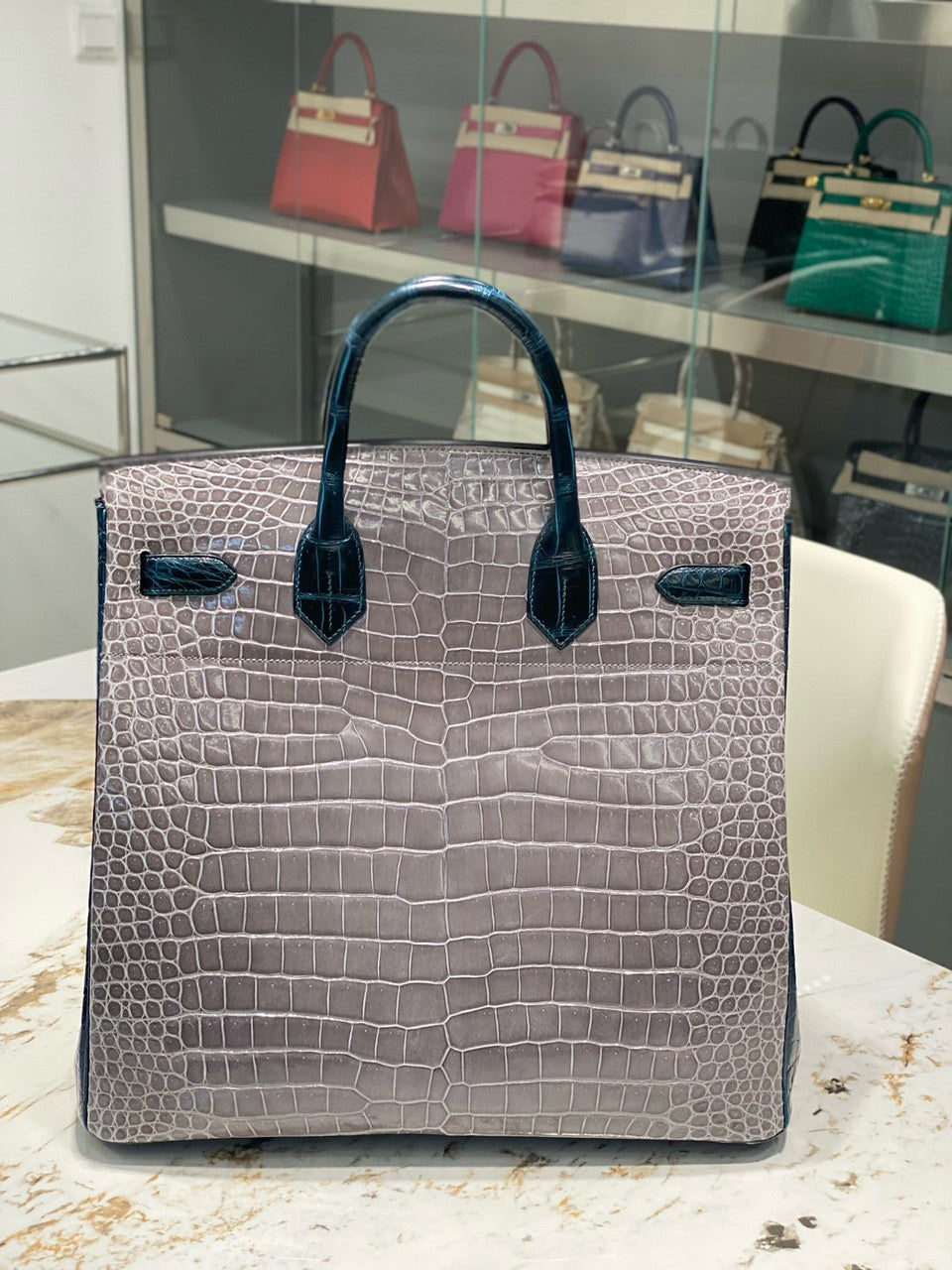 Hermes Special Order Green/ Grey  Birkin 40 in Porosus  Crocodile with Palladium hardware Hermes