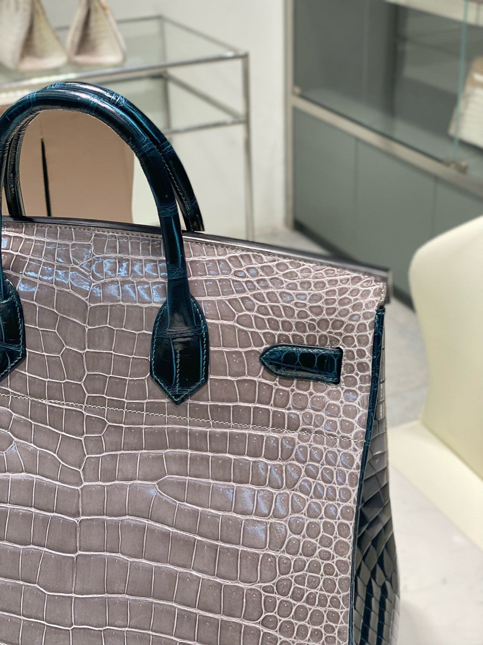 Hermes Special Order Green/ Grey  Birkin 40 in Porosus  Crocodile with Palladium hardware Hermes
