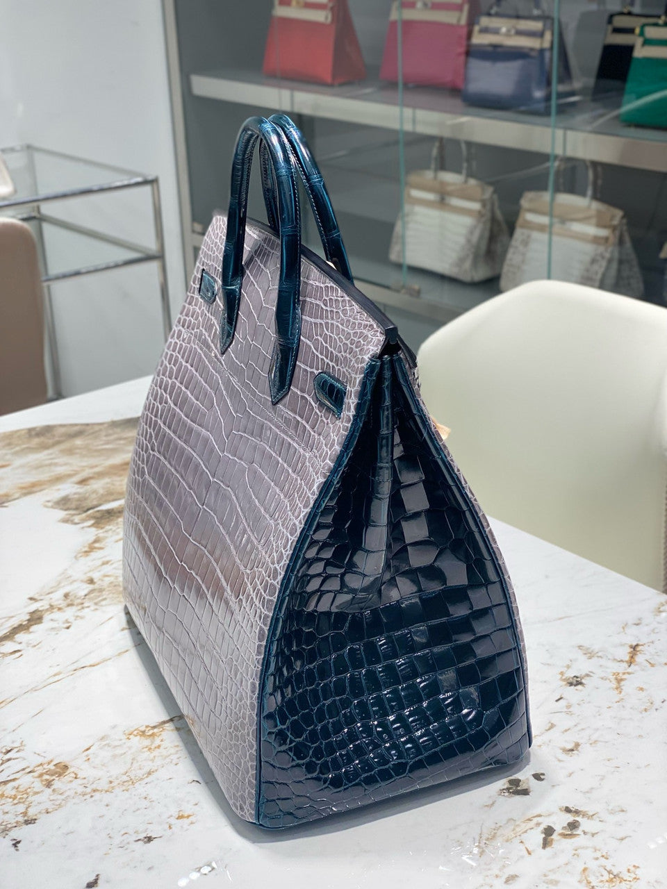 Hermes Special Order Green/ Grey  Birkin 40 in Porosus  Crocodile with Palladium hardware Hermes