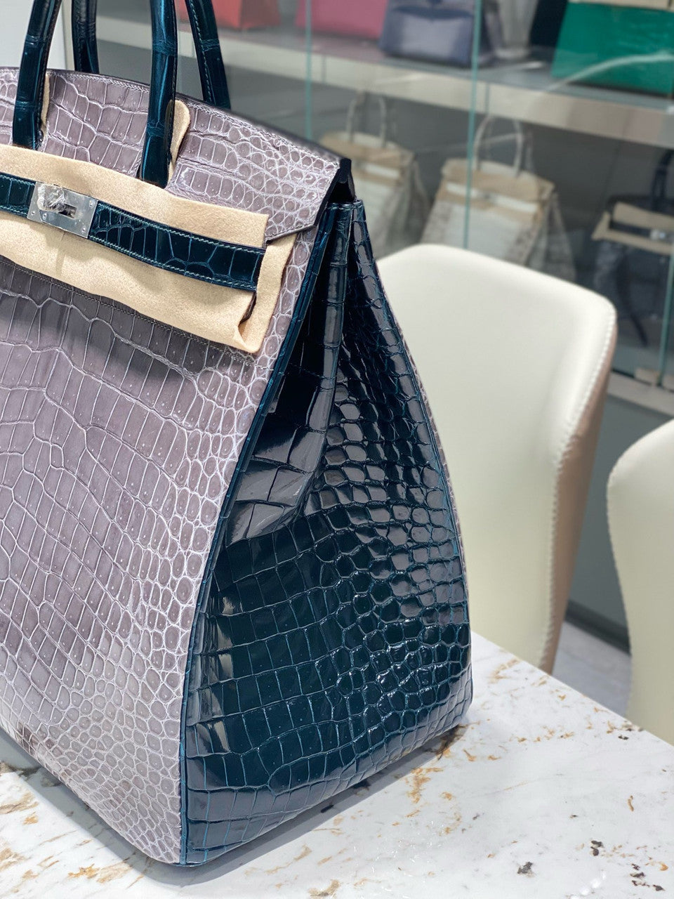 Hermes Special Order Green/ Grey  Birkin 40 in Porosus  Crocodile with Palladium hardware Hermes
