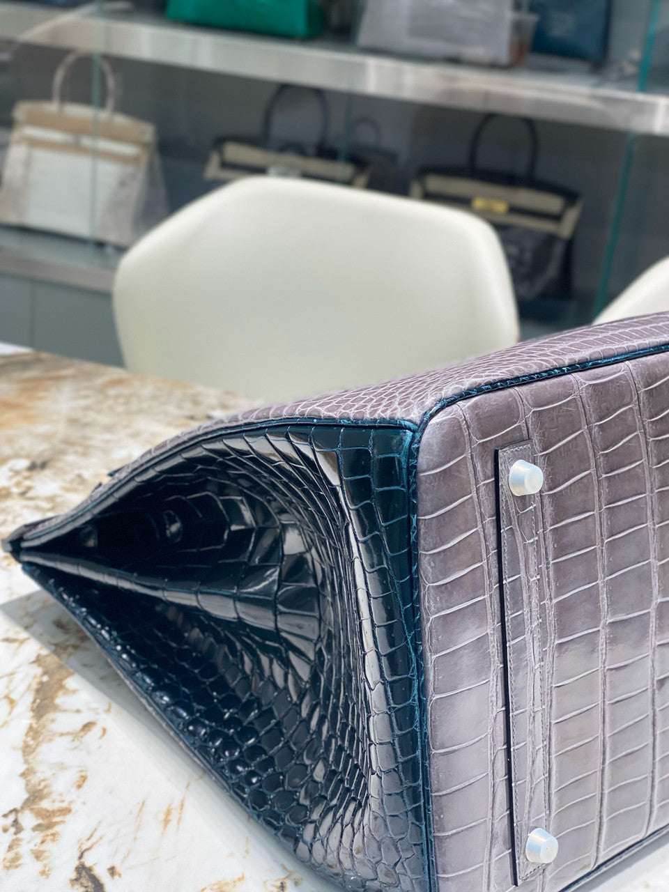 Hermes Special Order Green/ Grey  Birkin 40 in Porosus  Crocodile with Palladium hardware Hermes