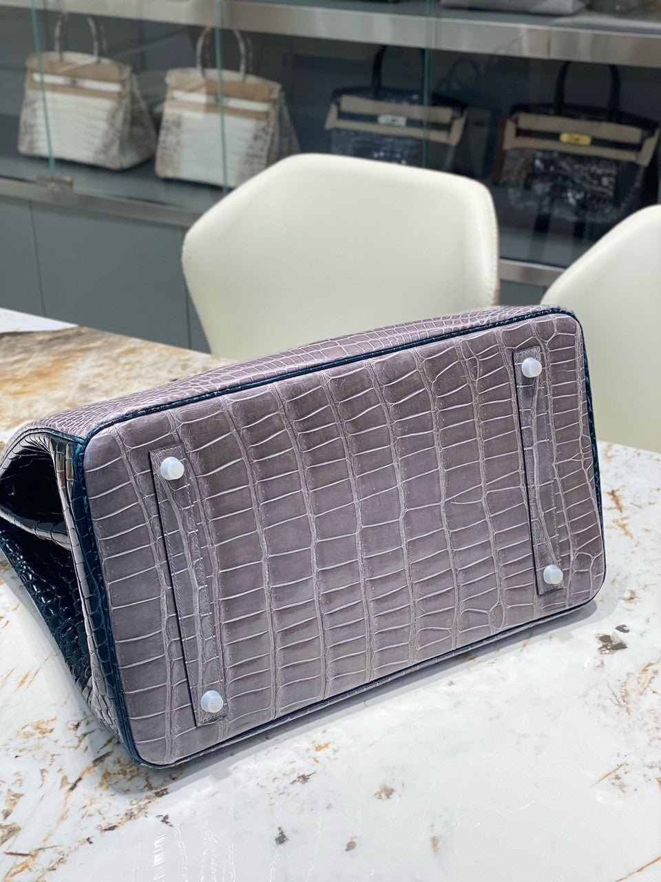 Hermes Special Order Green/ Grey  Birkin 40 in Porosus  Crocodile with Palladium hardware Hermes