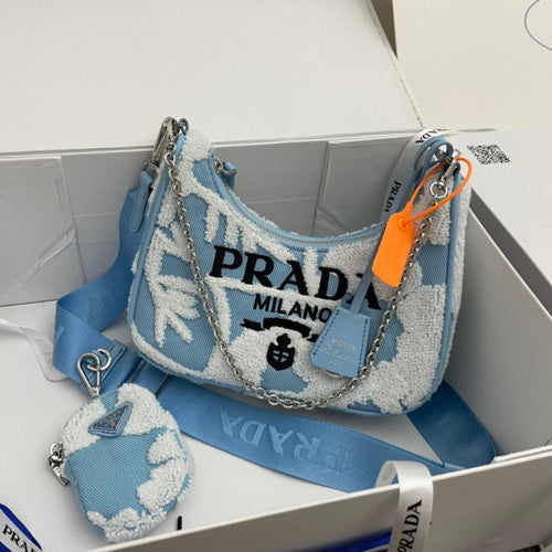 Prada Re-Edition 2006 embroidered drill shoulder bag Blue
