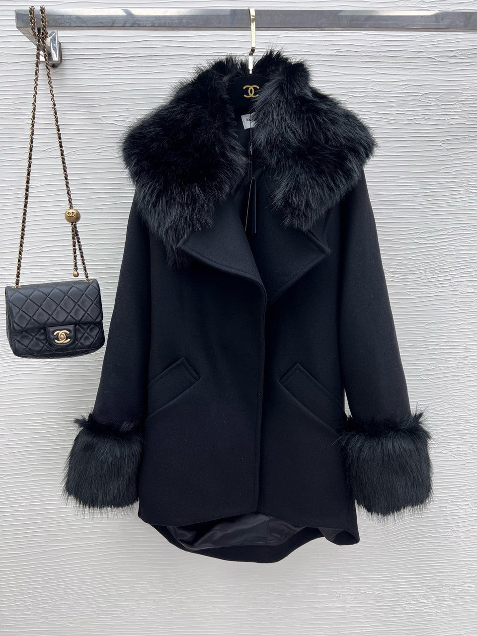 Saint Laurent OVERSIZE COAT IN WOOL FELT AND ANIMAL-FREE FUR