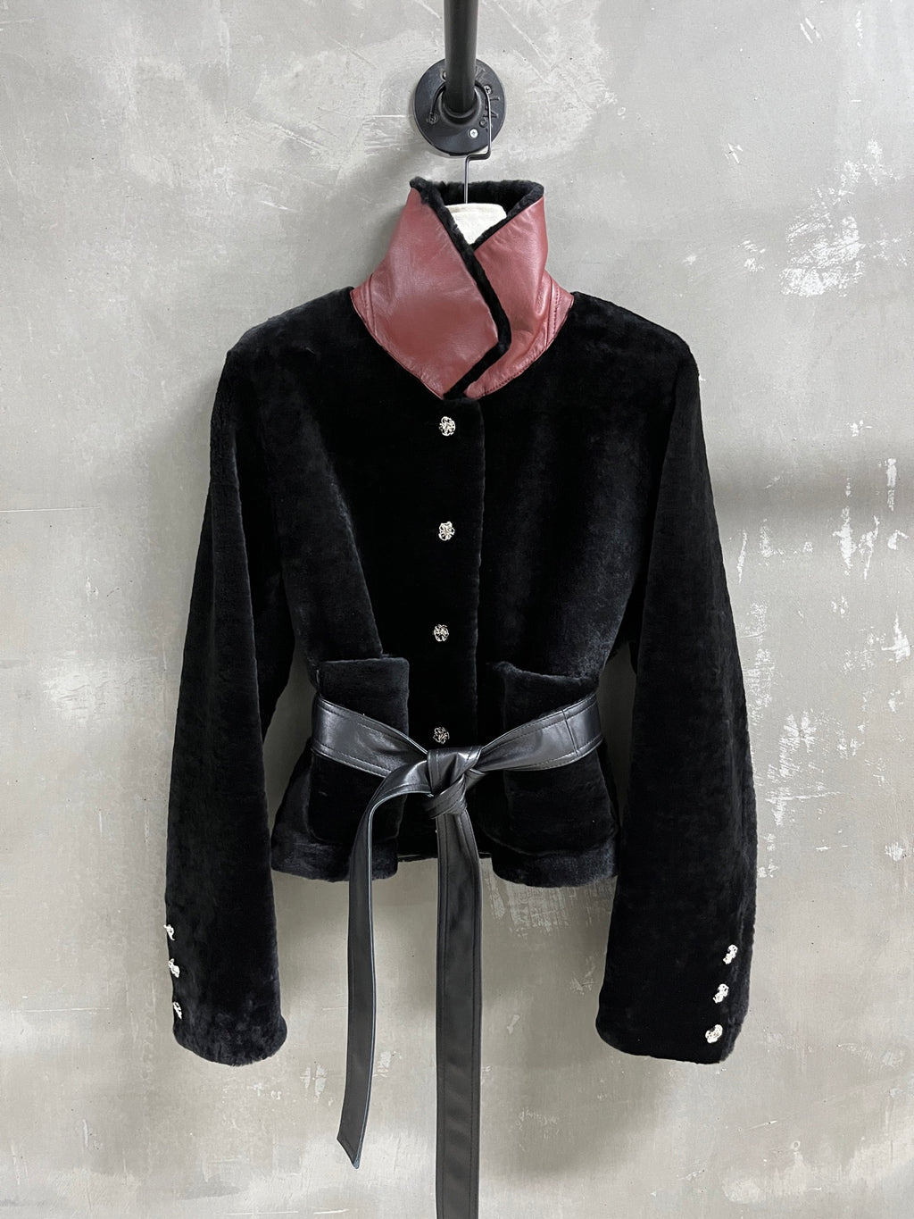 Chanel Black Shearling Jacket with Burgundy Leather High Collar &amp; Belt