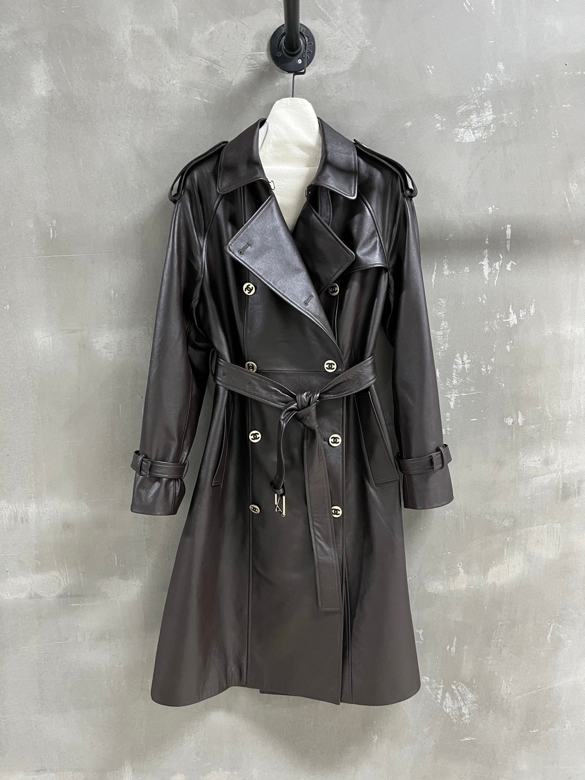 Chanel Double-Breasted Leather Trench Coat front view
