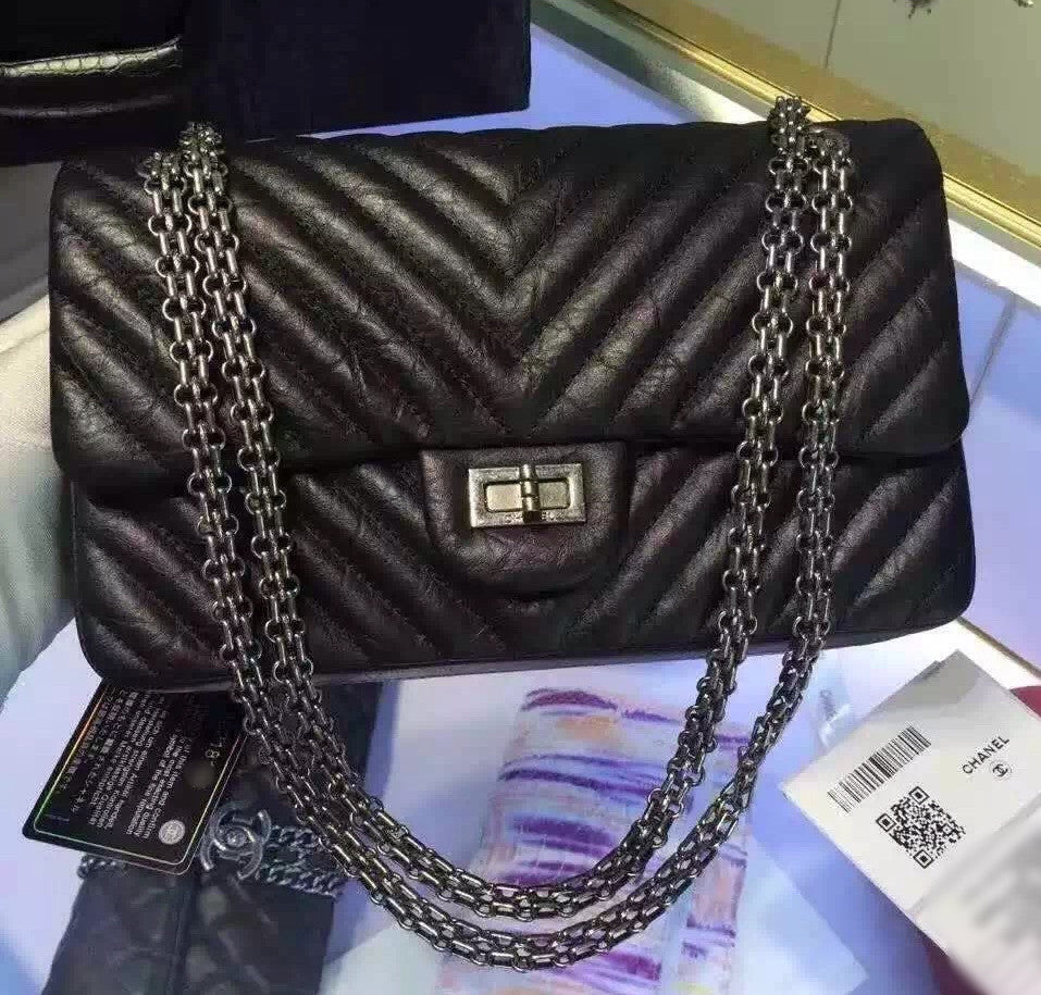 Chanel Black V Quilted Aged Calf Chevron Flap Bag with Silver Hardware Black