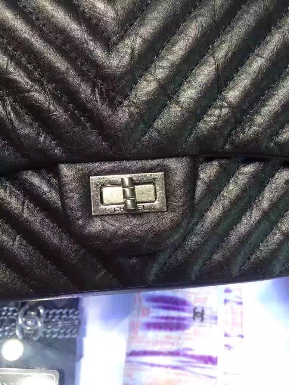 Chanel Black V Quilted Aged Calf Chevron Flap Bag with Silver Hardware Black