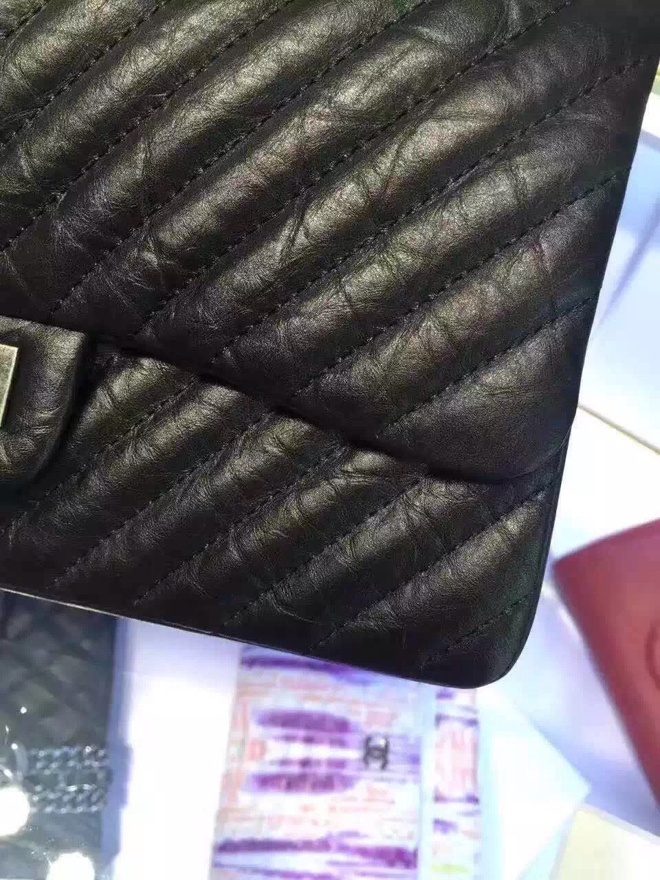 Chanel Black V Quilted Aged Calf Chevron Flap Bag with Silver Hardware Black