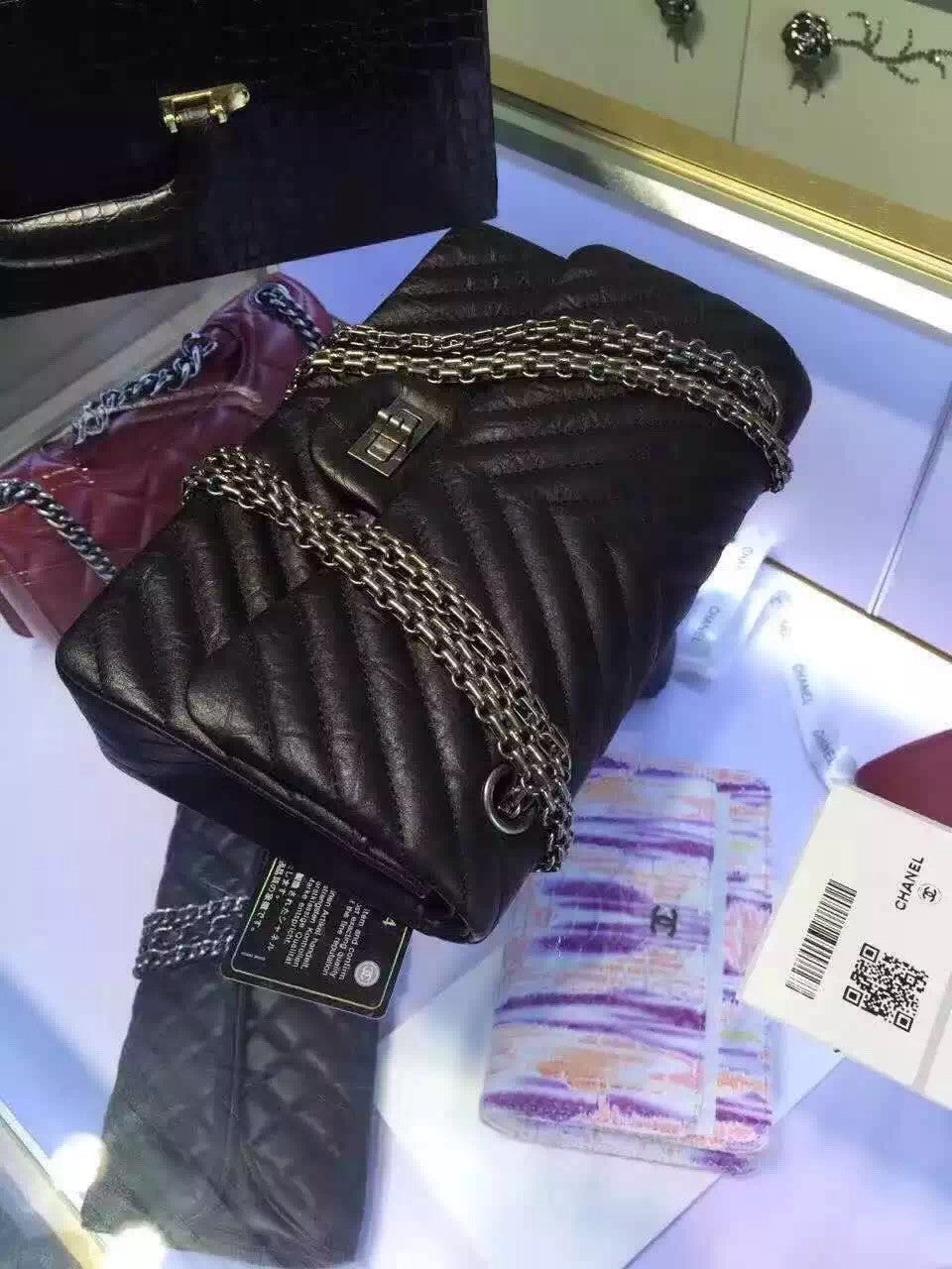 Chanel Black V Quilted Aged Calf Chevron Flap Bag with Silver Hardware Black
