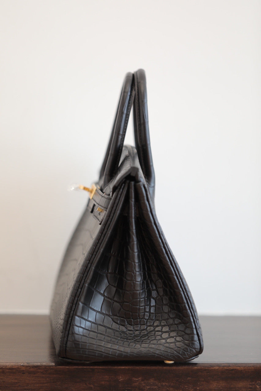 HERMES BIRKIN 30 BAG MATT BLACK ALLIGATOR GOLD HARDWARE