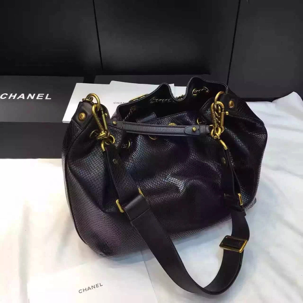 Chanel Drawstring Bag Python &Gold Metal Black A93479