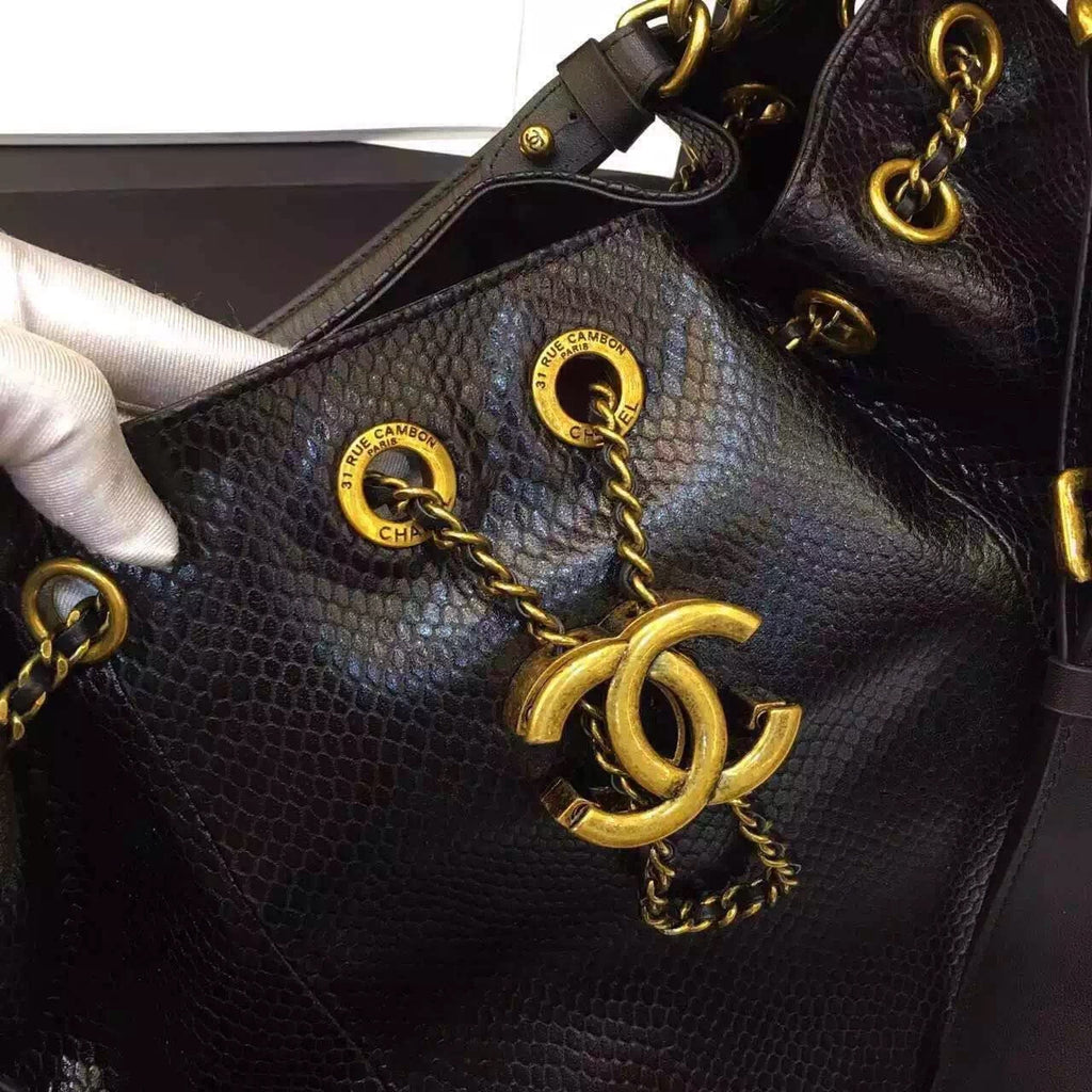 Chanel Drawstring Bag Python &Gold Metal Black A93479