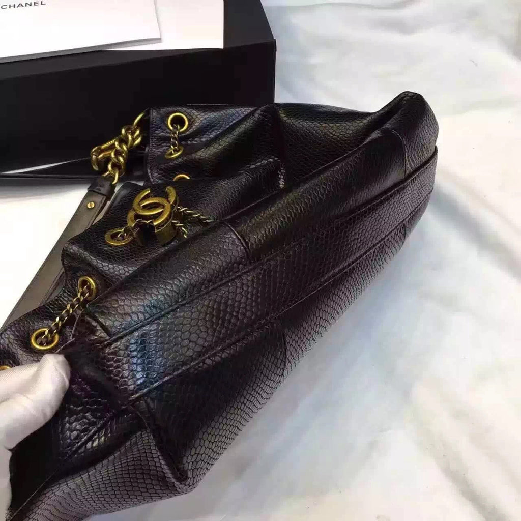 Chanel Drawstring Bag Python &Gold Metal Black A93479