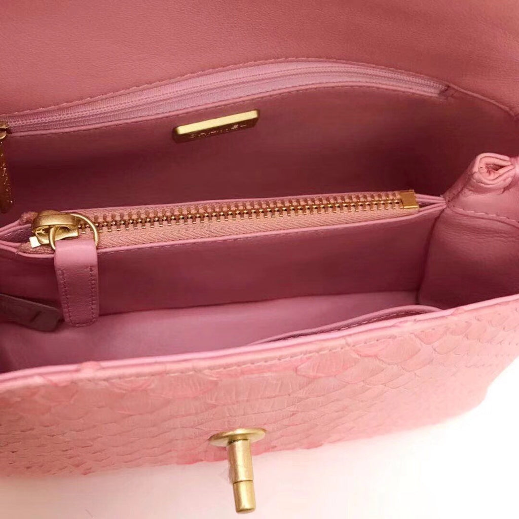 Chanel Small Pink Python Flap Bag With Top Handle