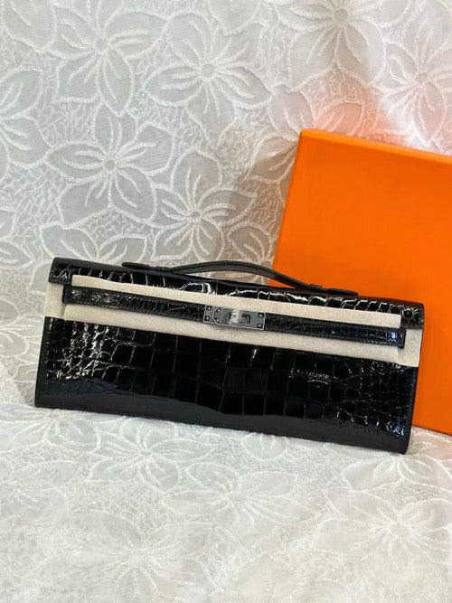 Hermes Kelly 31cm Black Cut Pochette Shiny Niloticus Croc PHW Hermes