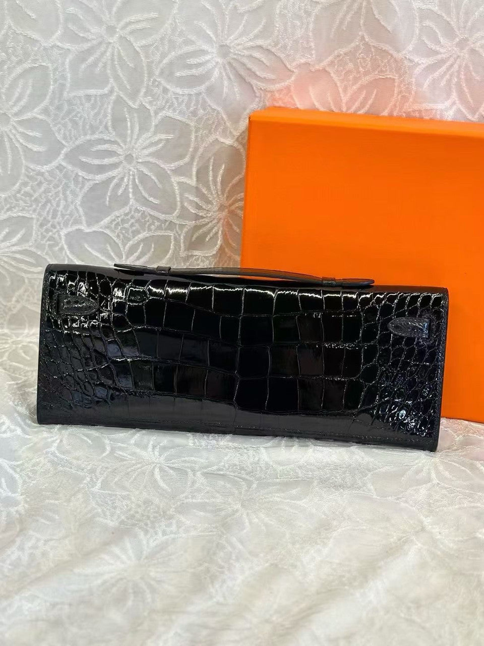 Hermes Kelly 31cm Black Cut Pochette Shiny Niloticus Croc PHW Hermes