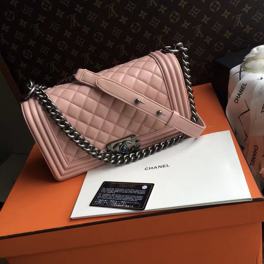 CHANEL Sakura Pink Quilted Lambskin Medium LE BOY Bag with Silver HW