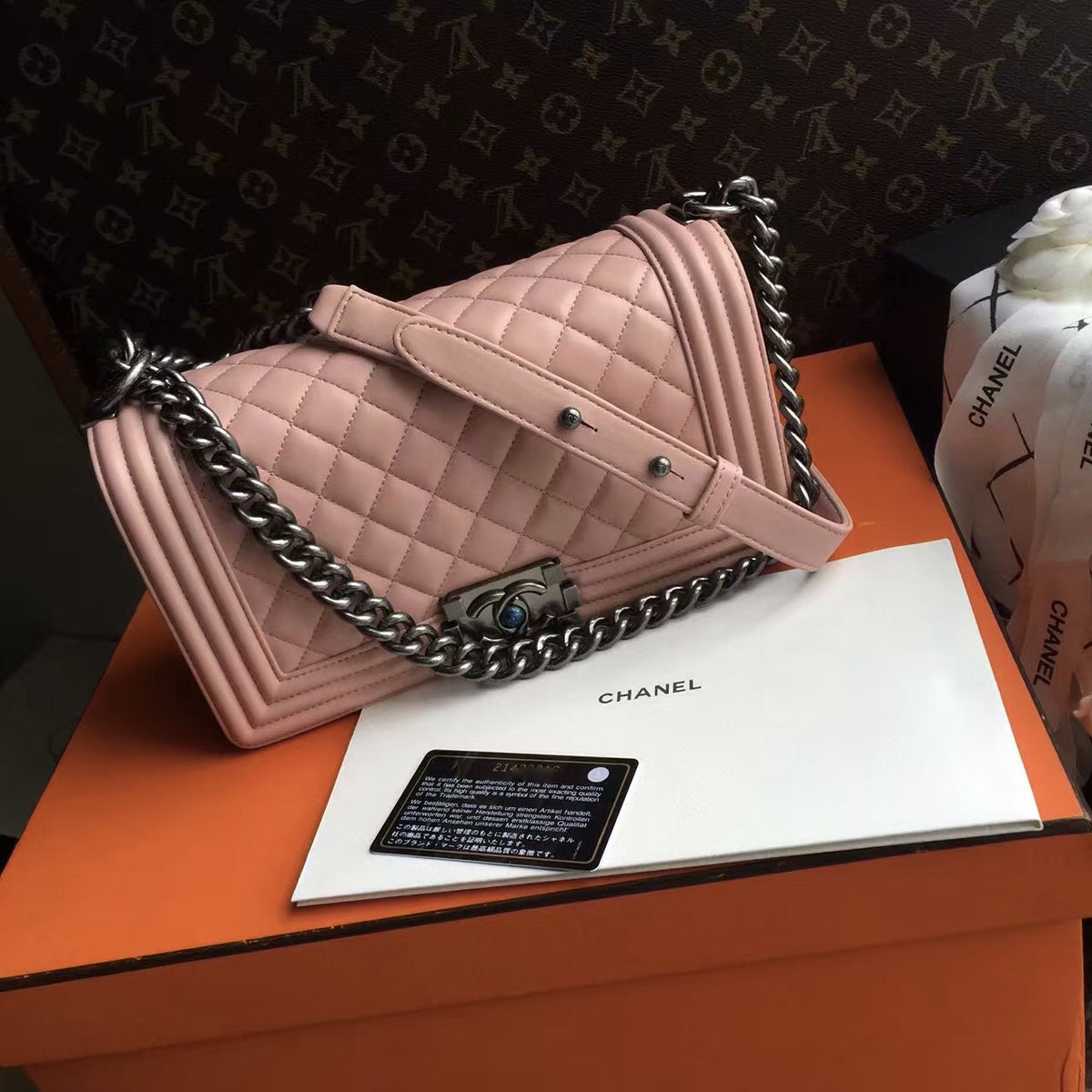 CHANEL Sakura Pink Quilted Lambskin Medium LE BOY Bag with Silver HW