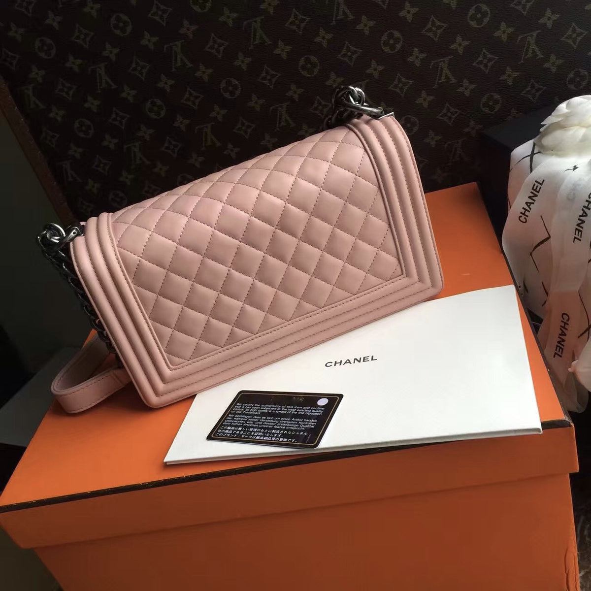 CHANEL Sakura Pink Quilted Lambskin Medium LE BOY Bag with Silver HW
