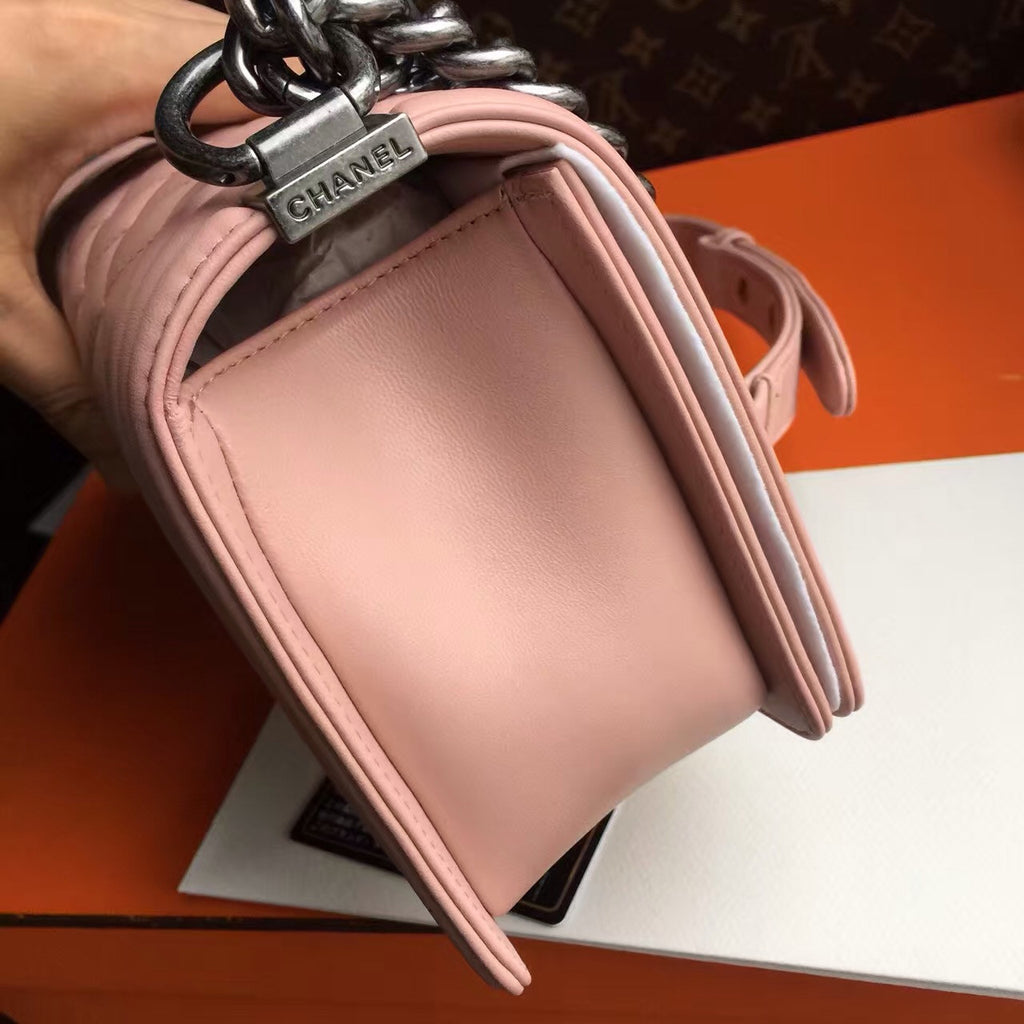 CHANEL Sakura Pink Quilted Lambskin Medium LE BOY Bag with Silver HW