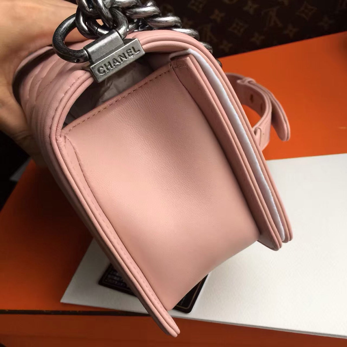 CHANEL Sakura Pink Quilted Lambskin Medium LE BOY Bag with Silver HW