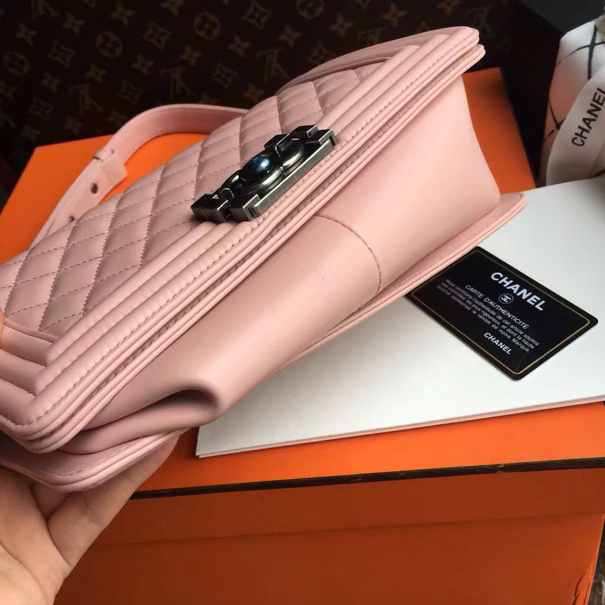 CHANEL Sakura Pink Quilted Lambskin Medium LE BOY Bag with Silver HW