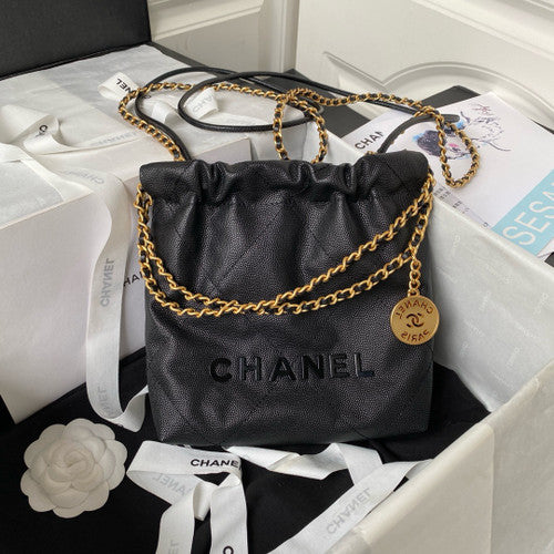 CHANEL 22 MINI HANDBAG BLACK LOGO BLACK CALFSKIN SS2024