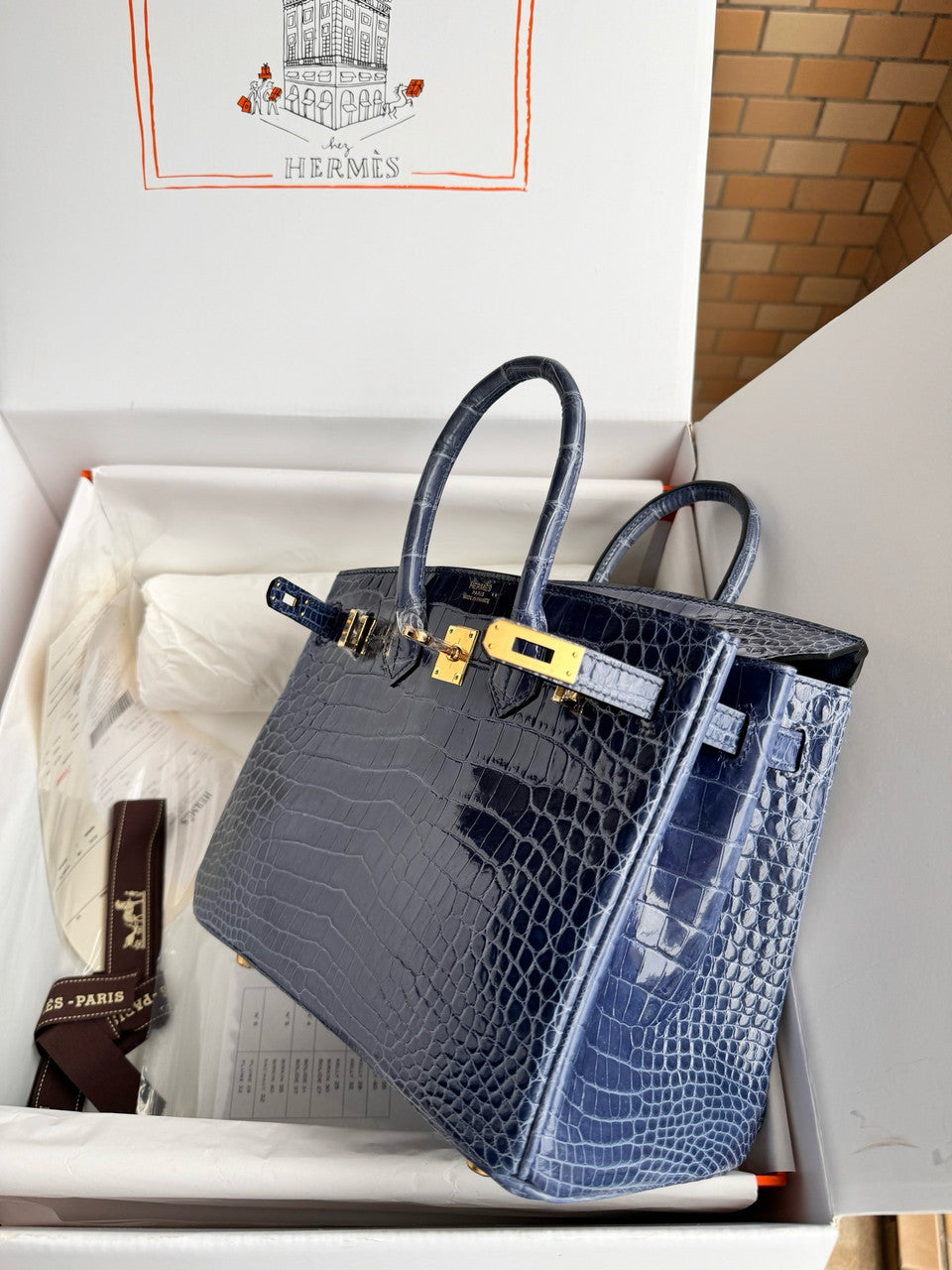 Hermes 7k Blue Saphir Birkin 30 in Porosus  Crocodile with Gold hardware