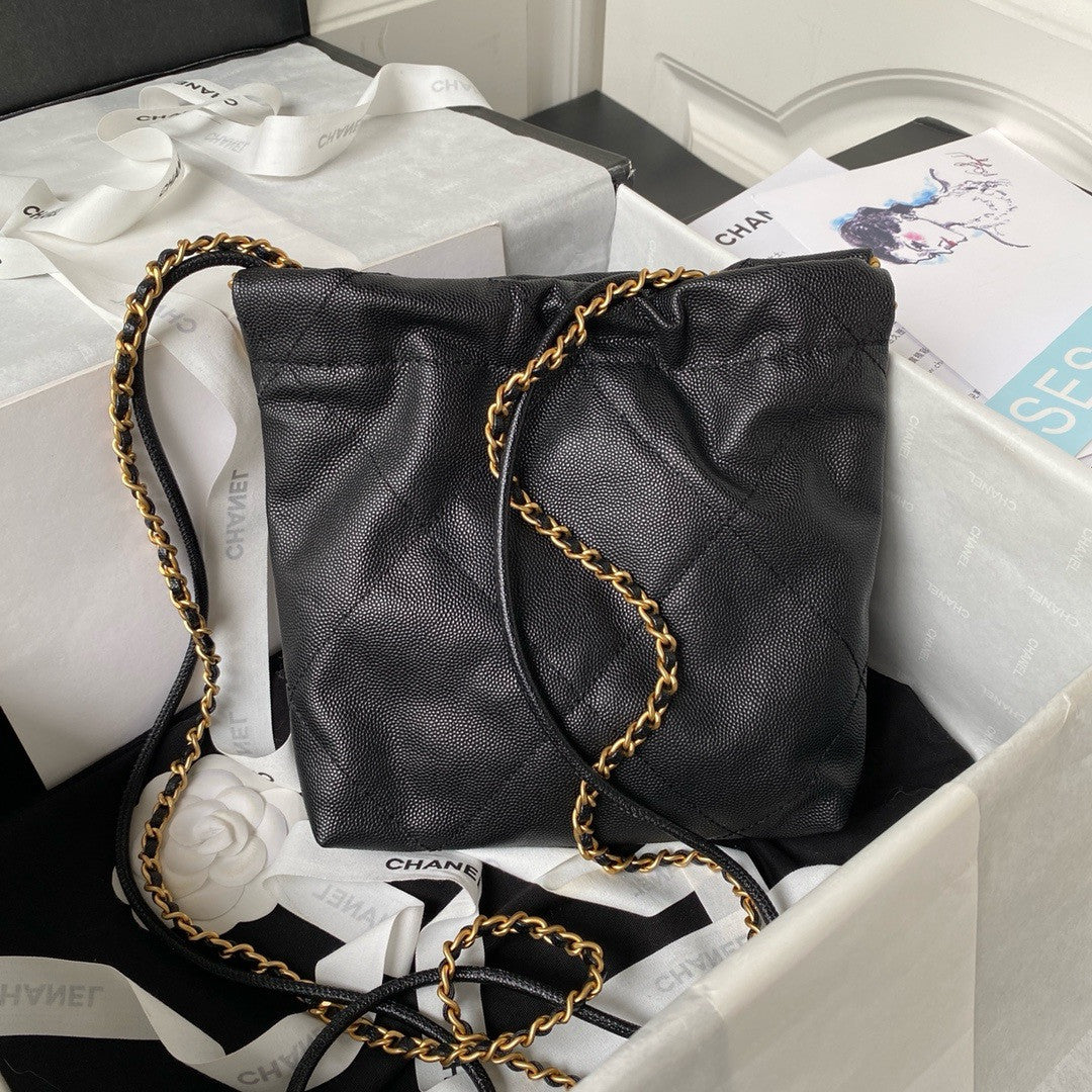 CHANEL 22 MINI HANDBAG BLACK LOGO BLACK CALFSKIN SS2024