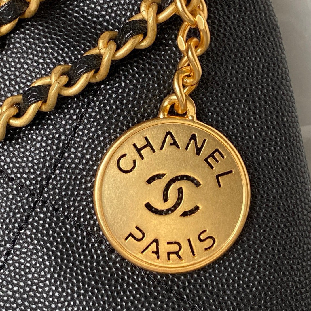 CHANEL 22 MINI HANDBAG BLACK LOGO BLACK CALFSKIN SS2024