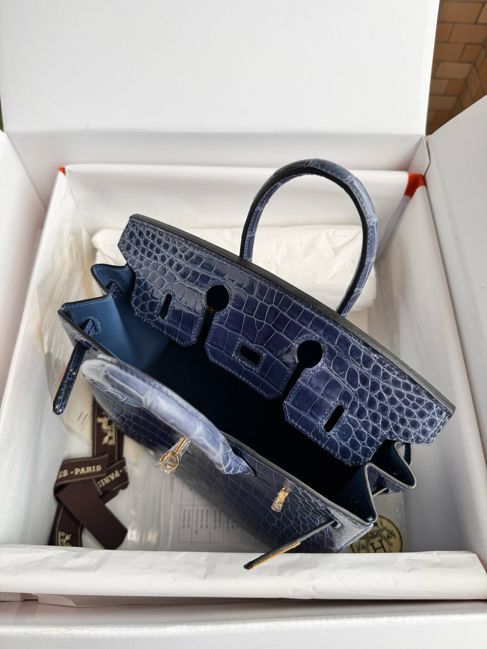 Hermes 7k Blue Saphir Birkin 30 in Porosus  Crocodile with Gold hardware