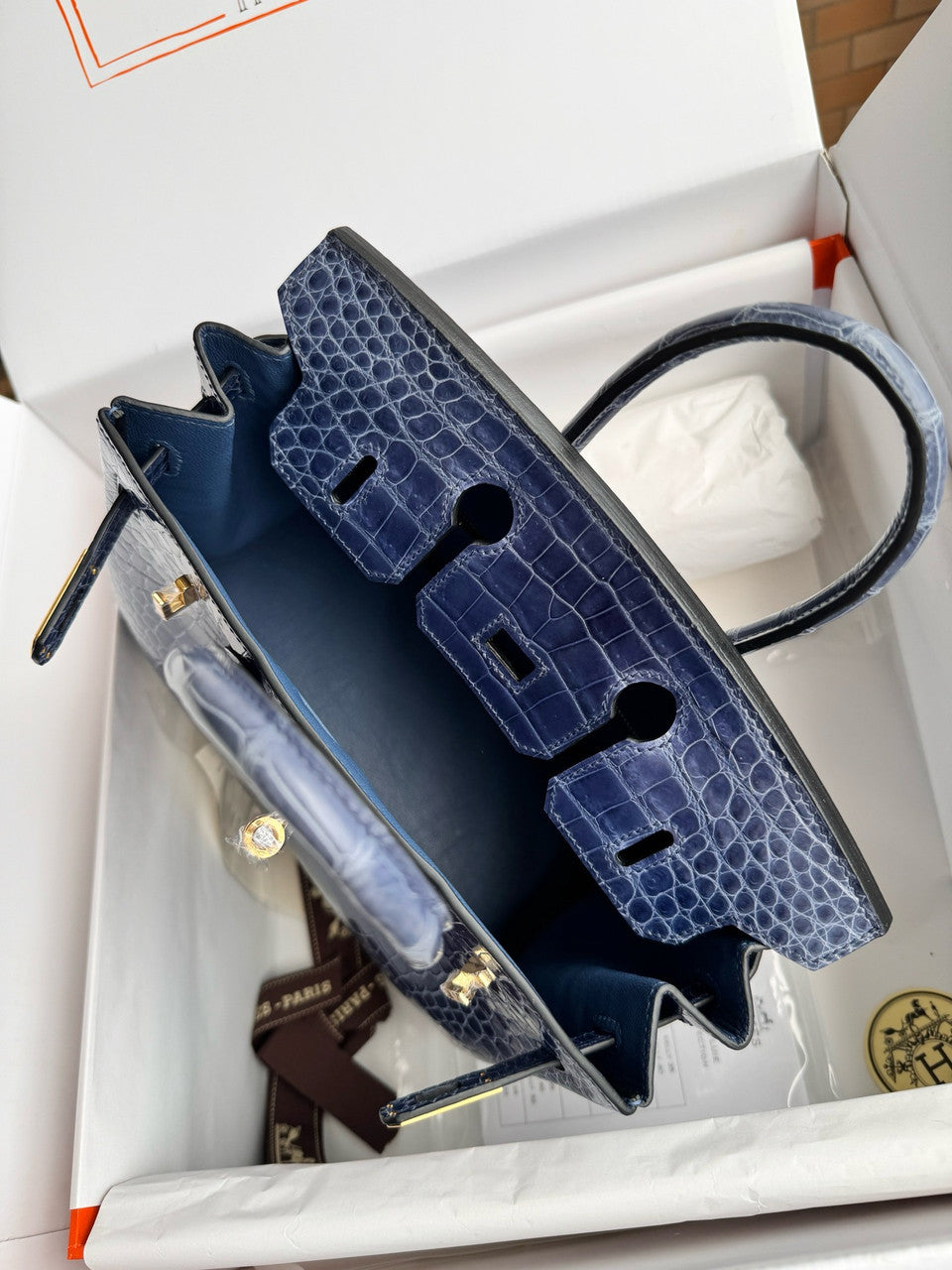 Hermes 7k Blue Saphir Birkin 30 in Porosus  Crocodile with Gold hardware