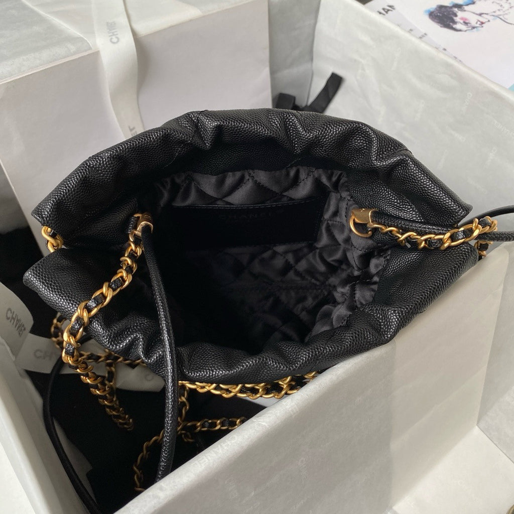 CHANEL 22 MINI HANDBAG BLACK LOGO BLACK CALFSKIN SS2024