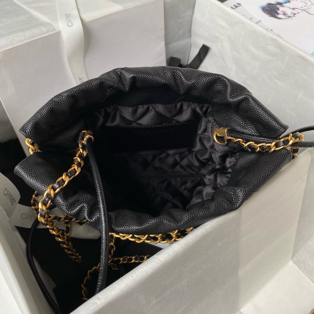 CHANEL 22 MINI HANDBAG BLACK LOGO BLACK CALFSKIN SS2024